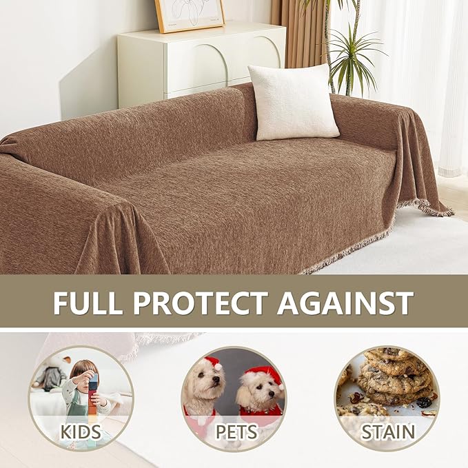 MYSKY HOME Couch Covers for 3 Cushion Couch Sofa, Chenille L Shape Sectional Couch Cover - Pet-Friendly, Machine Washable, Non-Slip Sofa Protector for Dogs, Kids, 71"x118", Camel