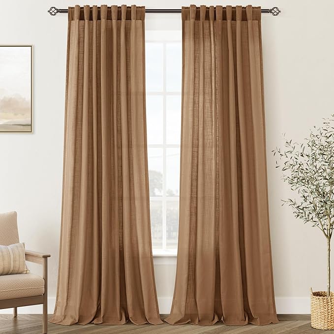 Brown Curtains for Living Room Back Tab Modern Farmhouse Semi Sheer Curtains 90 inches Long 2 Panels Set Muted Neutral Window Curtain for Dining Room Bedroom 52x90
