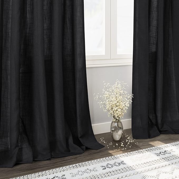 Nanspring Black Linen Textured Curtains for Living Room 60 Inches Long 2 Panels Set Back Tab Rod Pocket for Bedroom Kitchen Short Semi Sheer Light Filtering Protect Privacy Window Drapes W52xL60