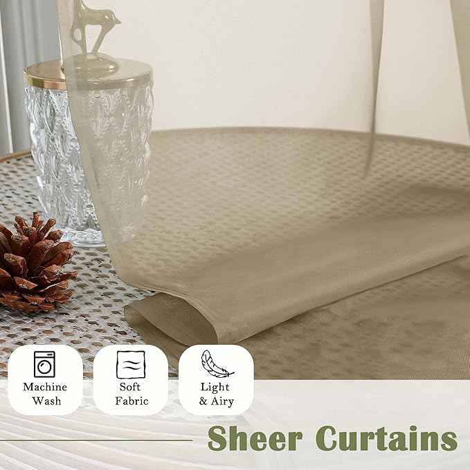 Lecloud Taupe Sheer Curtains 108 Inches Long 2 Panels, Dual Rod Pocket Light Filtering Bedroom Curtains for Living Room Decor, Airy Solid Color Window Treatments Drapes, Each Panel 59" W x 108" L