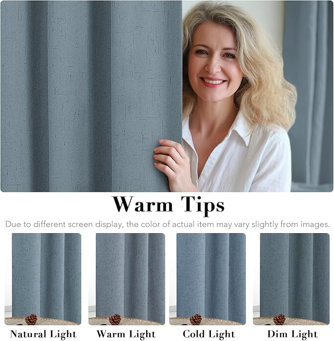 H.VERSAILTEX Linen Blackout Curtains 63 Inches Long 100% Blackout Thermal Insulated Textured Linen Look Curtain Draperies Anti-Rust Grommet, Energy Saving with White Liner, 2 Panels, Stone Blue