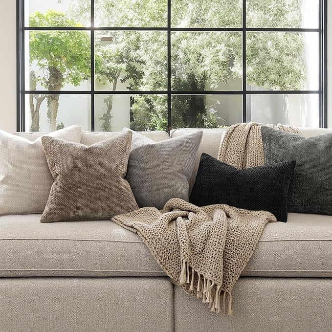 MIULEE Pack of 2 Couch Throw Pillow Covers 18x18 Inch Black Modern Boho Accent Decorative Pillow Covers Soft Chenille Farmhouse Cushion Covers for Home Decor Bed Sofa Living Room