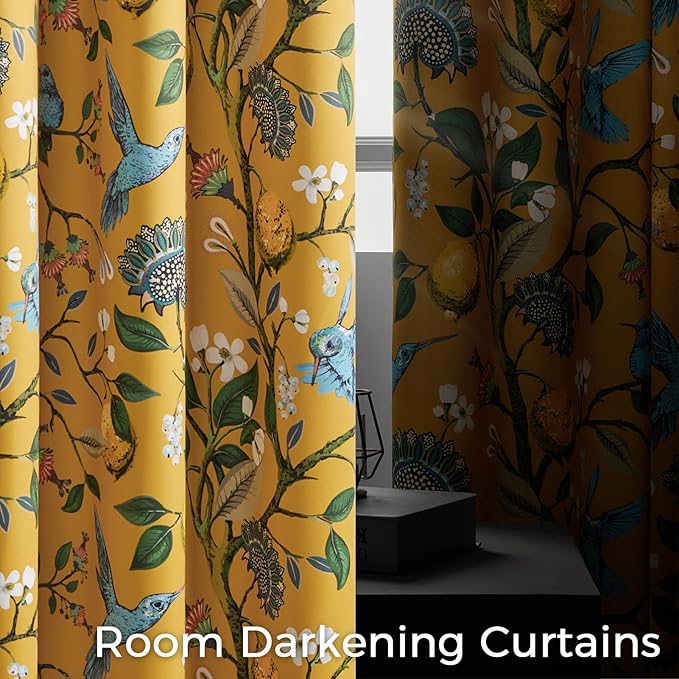 Topfinel 100 Inches Long Mustard Yellow Luxury Curtains for Living Room Bedroom, Blackout Vintage Art Deco Victorian Curtains Floral Lemon Hummingbird Printed Grommet Drape 100 Inch Length