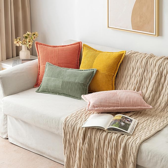 MIULEE Decorative Throw Pillow Covers for Couch Bed Livingroom 18x18 Inch Set of 2 Light Olive Green Boho Accent Throw Pllows Broadside Striped Patchwork Soft Corduroy Summer Pillowcases