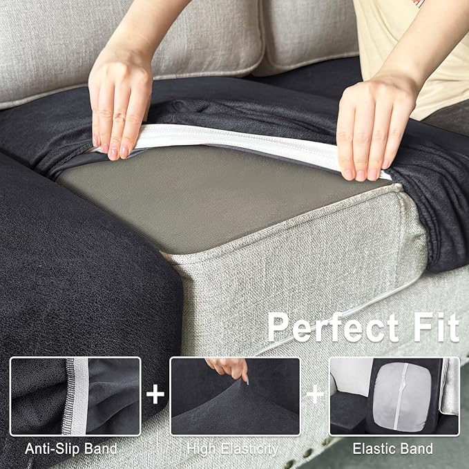 Leather Look Couch Cushion Covers Sofa Seat Slipcovers Sets Couches Furniture Protector for Sectional Armchair Loveseat Pets Kids Stretch Spandex Fabric (3 Cushion XL Sofa, Dark Grey)