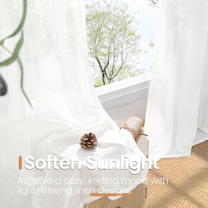 BGment 40 Inches Long White Linen Curtains for Kitchen Cafe Window - Semi Sheer Short Length Drapes with Rod Pocket Light Filtering for Bedroom Bathroom Lightweight, 2 Panels Set, 42 X 40 Inch