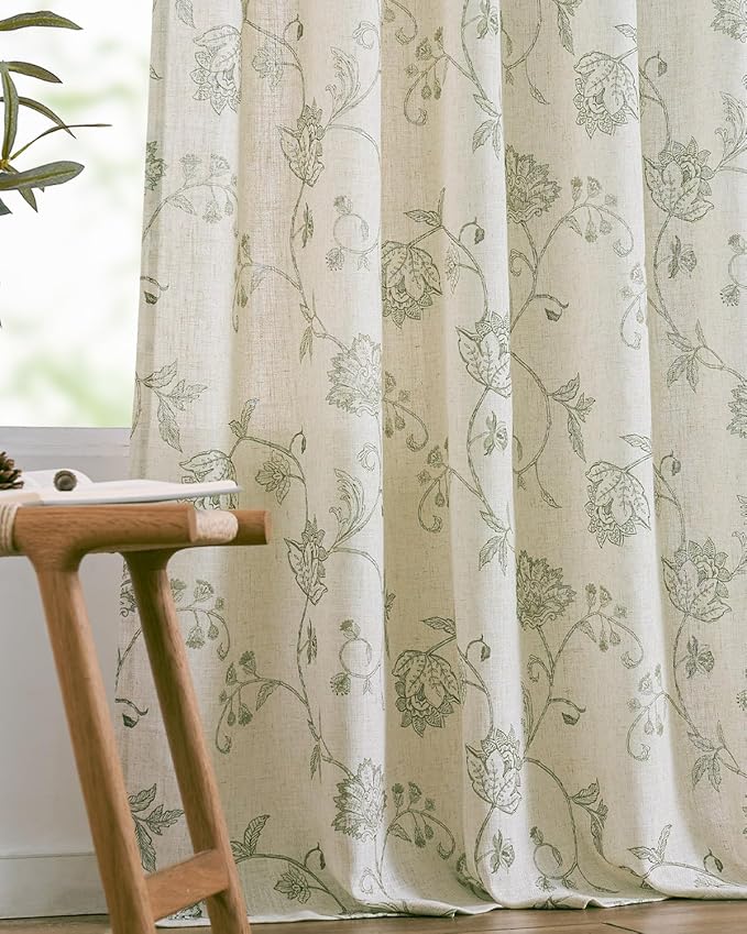 jinchan Linen Curtains Floral Curtains 96 Inch Length for Living Room Bedroom Light Filtering Rod Pocket Back Tab Farmhouse Curtains Flax Linen Texture Window Drapes Set 2 Panels Green on Linen