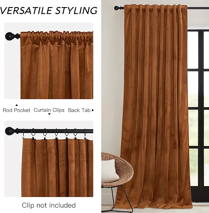 RYB HOME Orange Velvet Curtains 102 inches with Hook Belt, Soft Fabric Room Darkening Thermal Insulated Luxurious Home Decor Curtains for Living Room Bedroom, W 52" x L 102", 2 Panels Set