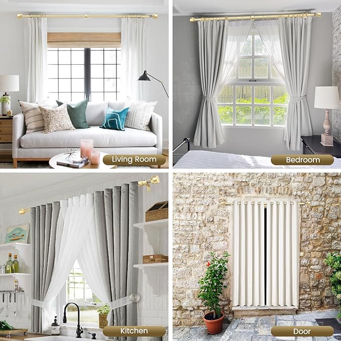 Gold Curtain Rod Itself is 30-144 inch 2 Pack, Fit 30 to 142, 66 to 120 inch Windows with 1 Inch Diameter, Splicing Extra Long Heavy Duty Adjustable Telescopic Rod