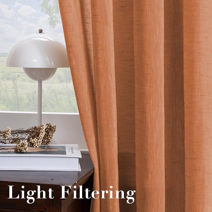 H.VERSAILTEX Linen Curtains Natural Linen Blended Curtain Panels for Living Room/Light Reducing Linen Semi Sheer Curtains 2 Panels Set Nickel Grommet Window Panels (52x72 Inch, Orange)
