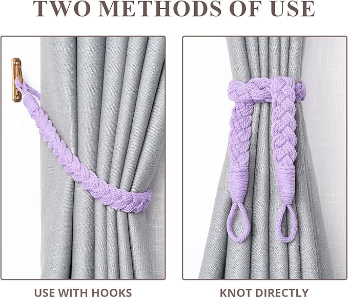 NICEEC 4 Pack Natural Cotton Rope Curtain Tiebacks Elegant Boho Style Decorative Drape Tie Backs Soft Hand-Woven Rope Curtain Holdbacks with Metal Hook for Home & Office Drapery (Purple)