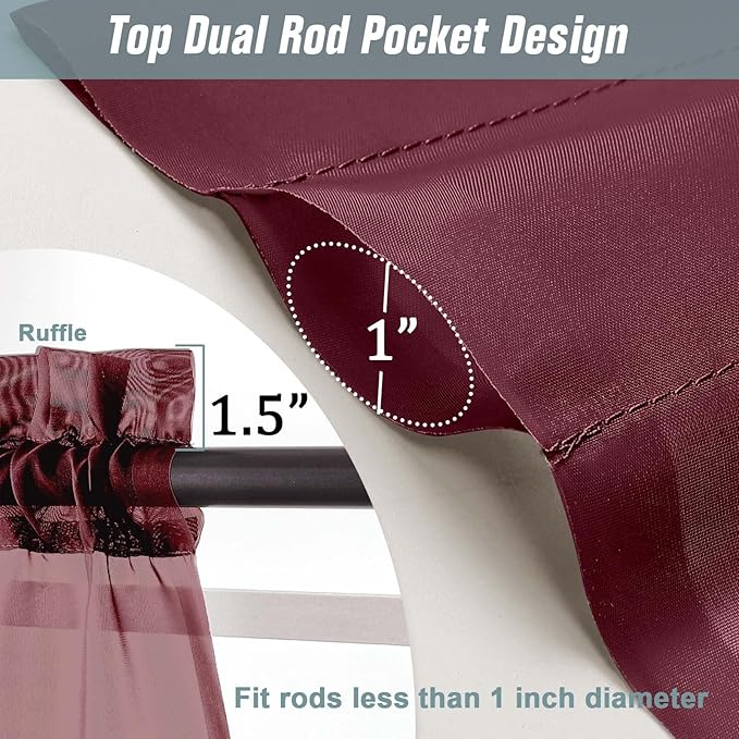 Burgundy Window Sheer Curtains 45 Inches Length, Voile Short Curtains for Living Room Bedroom, Modern Soft Window Drapes 2 Panels Set, Top Dual Rod Pocket Design, 2x42Wx45L Inches