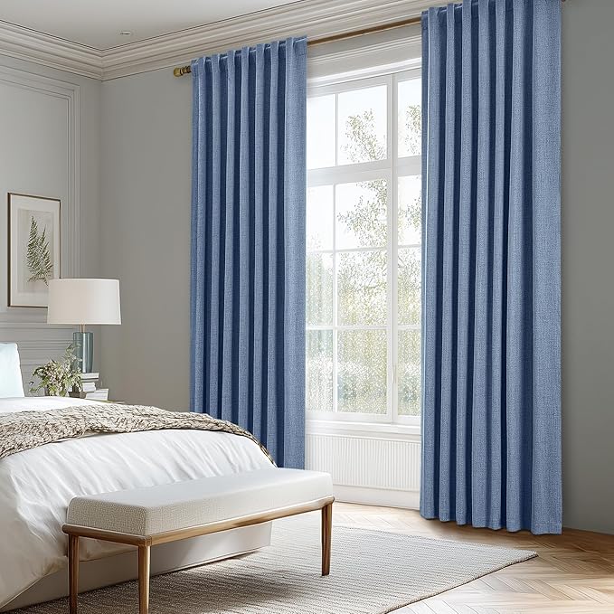 MIULEE 100% Blackout Linen Curtains for Bedroom, Blue Solid Luxury Decor Thermal Insulation Room Darkening Drapes for Living Room Nursery Back Tab Rod Pocket 42 x 63 Inches, 2 Panels