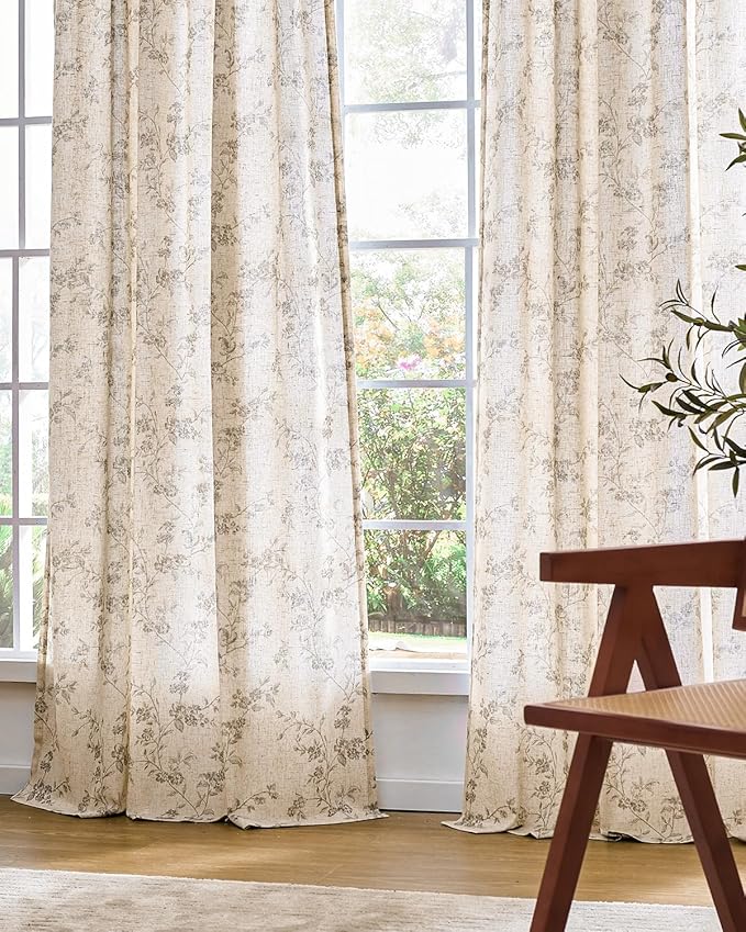 Lazzzy Floral Linen Curtains Farmhouse Extra Long Curtain for Living Room Bedroom Light Filtering Vintage Rod Pocket Back Tab Drapes for Home, 2 Panels, Gray on Beige, W38 X L108