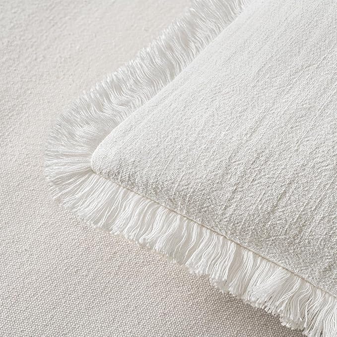 MIULEE Decorative Throw Pillow Covers Neutral Linen Fringe Throw Pillows Euro Shams Set of 2 White Boho Farmhouse Cushion Covers for Couch Sofa Bed Living Room Spring Home Decor 24x24 Inch