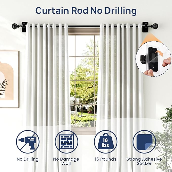 ENJOYBASICS No Drill Curtain Rods for Window 48 to 84 Inches, 5/8 Inch Diameter Renter Friendly Drapery Rod with Adhesive Brackets without Drilling, Adjustable from 27 to 90 Inches, Black