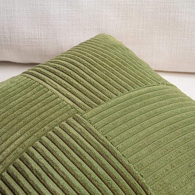 Fancy Homi 2 Packs Moss Green Decorative Throw Pillow Covers 22x22 Inch for Living Room Couch Bed Sofa, Farmhouse Boho Home Decor, Soft Corss Corduroy Patchwork Accent Square Cushion Case 55x55 cm