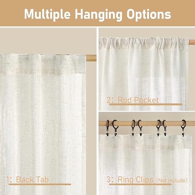 LAMIT 48 Inch Short Window Linen Curtains, Light Filtering Panels Back Tab and Rod Pocket Neutral Drapes for Cafe/Bathroom/Loft Room, Cream Ivory, 2 Panels, 34 x 48 Inch