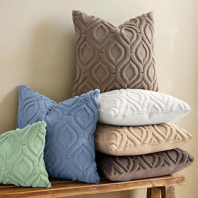 decorUhome Throw Pillow Covers 22x22 Inch Set of 2, Soft Plush Faux Wool Light Brown Solid Couch Pillow Covers, Accent Euro Sham Farmhouse Neutral Square Pillow Cases for Sofa Bed Living Room