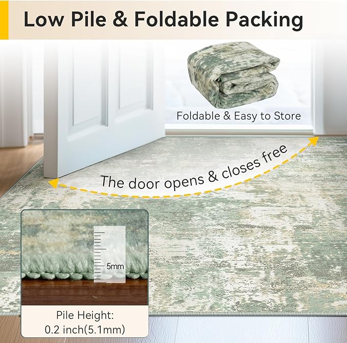 Washable Area Rugs 8'x10' Non-Slip Modern Abstract Soft for Living Room Entryway Bedroom Nursery, Print Pattern, Light Green/Yellow