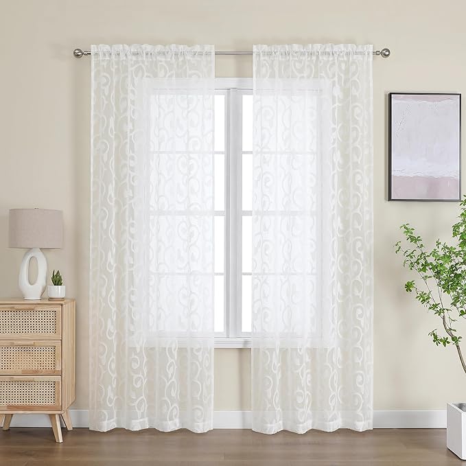 OWENIE Furman Ivory Sheer Curtains 84 inches Long for Bedroom Living Room 2 Panels Set, Jacquard Clip Light Filtering Semi Sheer Curtain Rod Pocket Window Drapes, 2 Pcs Each 40 W 84 L