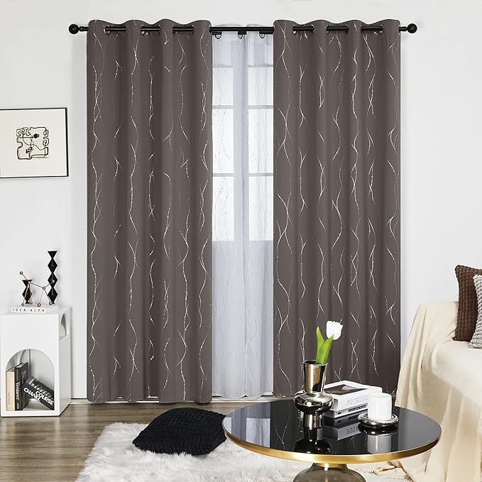Deconovo Blackout Curtains, Thermal Insulaed Soundproof Drapes, Wave Dots Silver Print, 52 x 95 Inch Long, Set of 2, Machine Washable Window Panel for Sliding Door Bedroom Living Room Nursery, Taupe