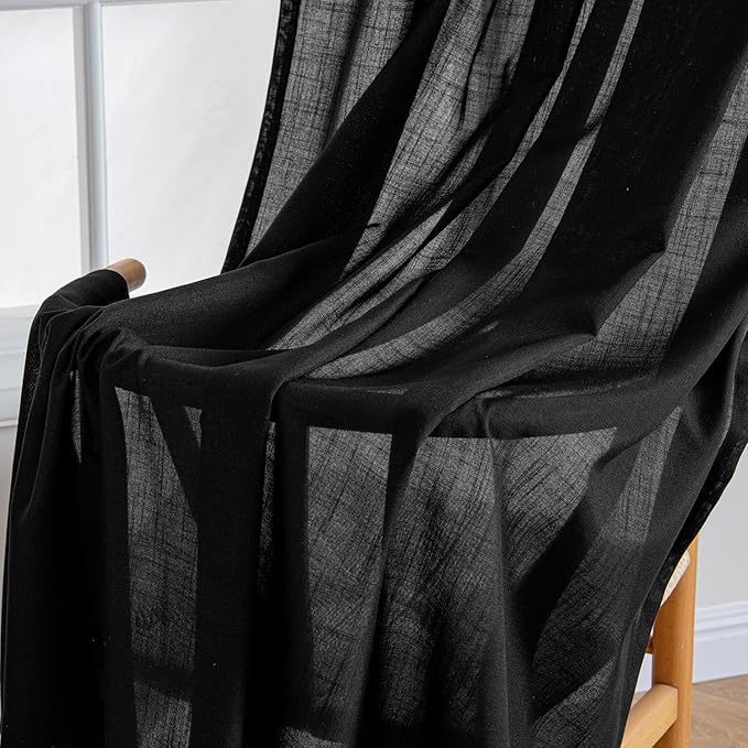 MIULEE Black Linen Curtains 96 Inch Length 2 Panels for Bedroom Living Room, Soft Thick Linen Textured Back Tab Window Drapes Semi Sheer Light Filtering Rod Pocket Modern Farmhouse Halloween Decor