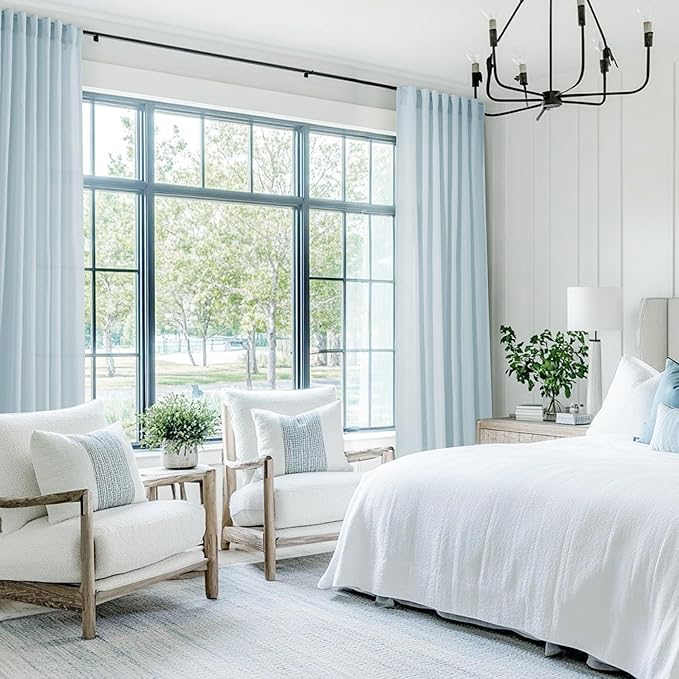 Sky Blue Curtains 120 inch Length for Bedroom Back Tab Light Filtering Semi Sheer Blue Living Room Curtains Linen Cotton Textured Drapery Panel Aesthetic Decor Light Blue 52x120
