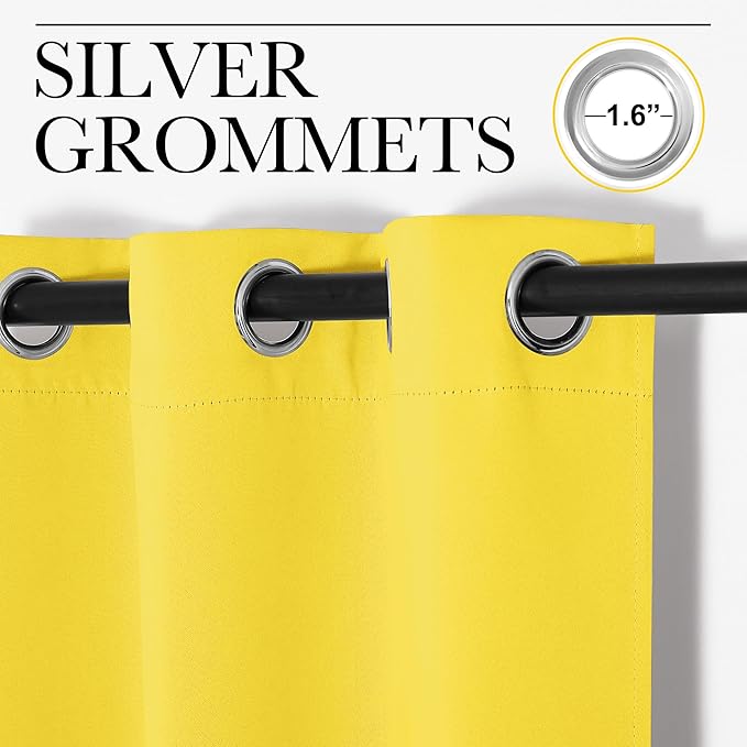 NICETOWN Bedroom Curtains Blackout Drapery Panels, 2 Panels, 42 x 54 Inch, Bright Yellow, Three Pass Microfiber Thermal Insulated Solid Ring Top Blackout Window Curtains/Drapes