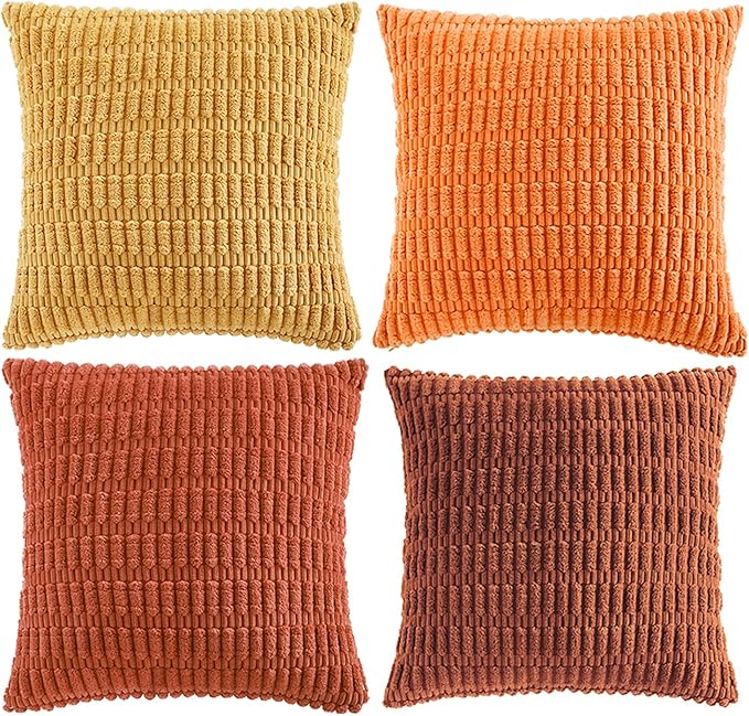 Fancy Homi Set of 4 Fall Decorative Throw Pillow Covers 12x12 Inch for Couch Bed Chair, Burnt Orange Series Farmhouse Boho Room Decor, Soft Fuzzy Corduroy Textured Striped Cushion Case 30cm