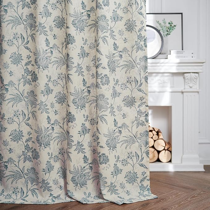 jinchan Linen Floral Curtains for Living Room with Printed Flower 84 Inches Long Light Filtering French Country Back Tab Rod Pocket Blue Window Curtain Set Farmhouse Drapes 2 Panels Blue