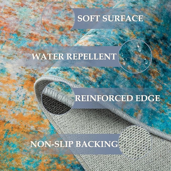 Washable Area Rugs 8ft Non-Slip Modern Abstract Soft for Living Room Entryway Bedroom Nursery, Print Pattern, Teal Blue Green Orange Rust Red Coloreful