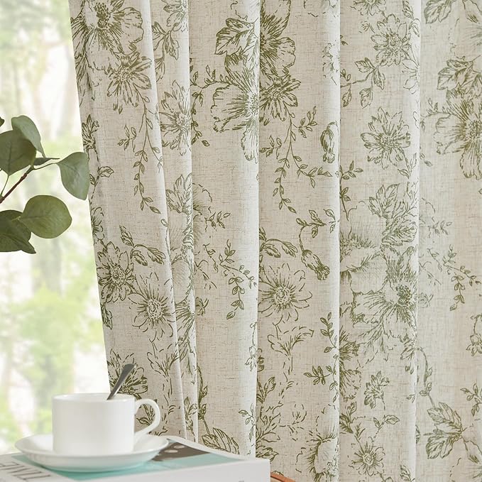 jinchan Linen Blend Floral Curtains for Living Room 96 Inch Length Farmhouse Printed Curtain Rod Pocket Back Tab Sage Green Peony Flower Patterned Drapes Bedroom Curtains Set 2 Panels