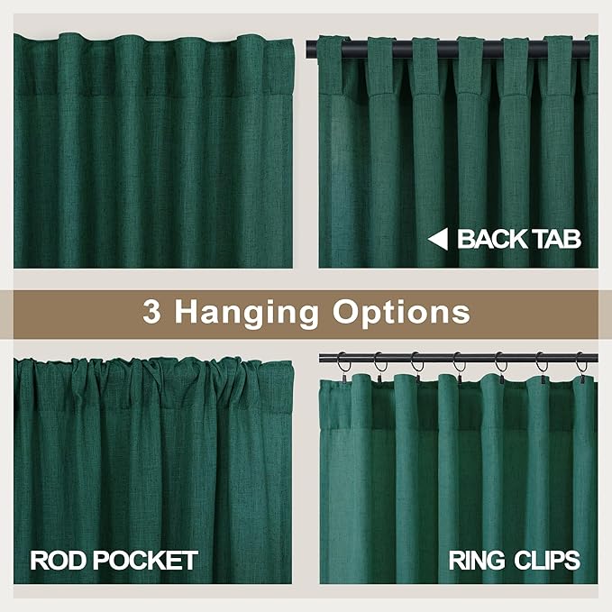 Pitalk Dark Green Curtains 63 Inch Length for Bedroom 2 Panels Back Tab Pocket Lightweight Light Filtering Semi Sheer Linen Hunter Green Curtain for Boys Room Kitchen Olive Forest Decor 52x63