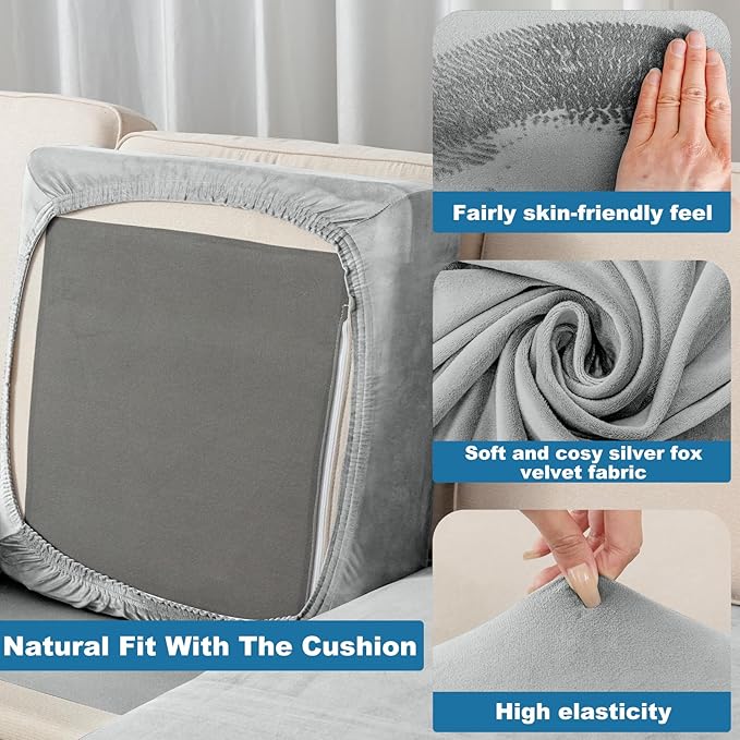 Couch Cover 8-Piece Elastic Velvet Couch Cushion Covers & Chaise Slipcovers for L-Shaped Sofas - Sofa Seat Covers Washable, Soft Protector for Couches (7 Seater + Chaise, Light Grey)