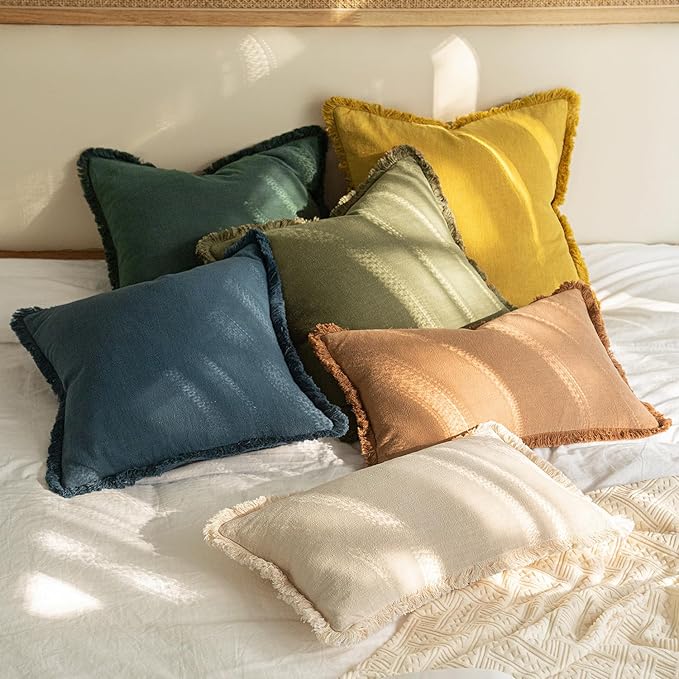 MIULEE Decorative Throw Pillow Covers Neutral Linen Fringe Throw Pillows Euro Shams Set of 2 Navy Blue Boho Farmhouse Cushion Covers for Couch Sofa Bed Living Room Spring Home Decor 22x22 Inch