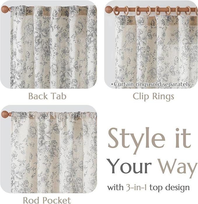 jinchan Linen Blend Curtain Floral Curtains for Living Room 90 Inch Length Grey Printed Curtain Rod Pocket Back Tab Farmhouse Peony Flower Patterned Drapes Bedroom Window Curtains Set 2 Panels