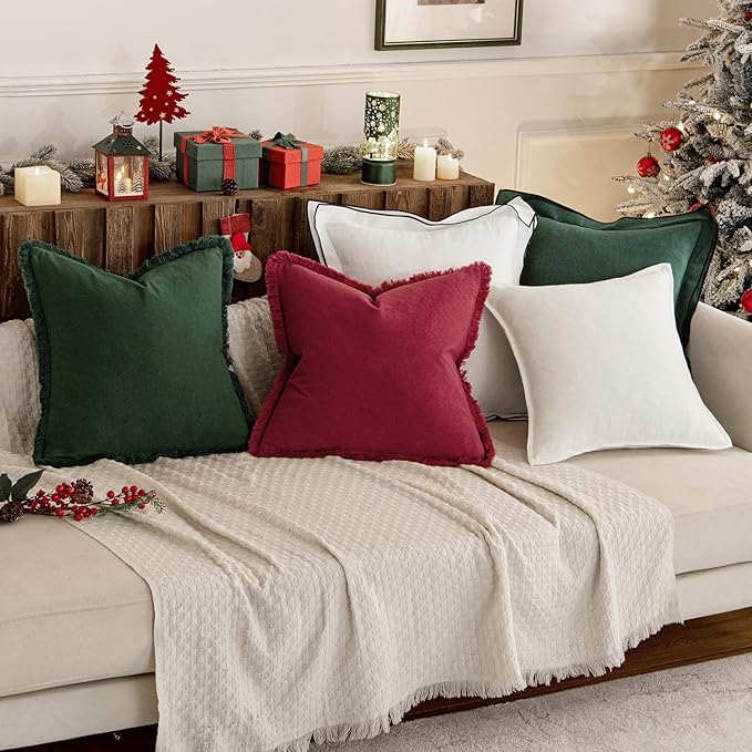 MIULEE Decorative Throw Pillow Covers Neutral Linen Fringe Throw Pillows Euro Shams Set of 2 Army Green Boho Farmhouse Cushion Covers for Couch Sofa Bed Living Room Home Decor 24x24 Inch