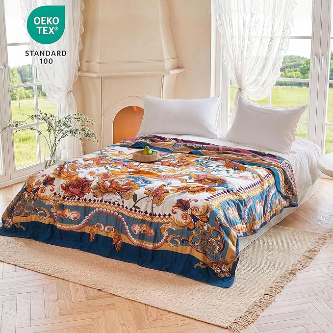 MSGKV Boho Throw Blanket 90"x90" Bed Floral 100% Cotton Blanket Spring Breathable Lightweight Queen Blankets All Seasons Home Decor Muslin