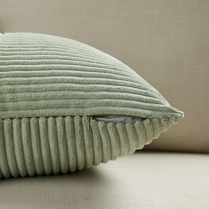 Fancy Homi 2 Packs Sage Green Lumbar Decorative Throw Pillow Covers 16x32 Inch for Living Room Couch Bed, Rustic Farmhouse Boho Home Decor, Soft Striped Corduroy Rectangle Accent Cushion Case 40x80 cm
