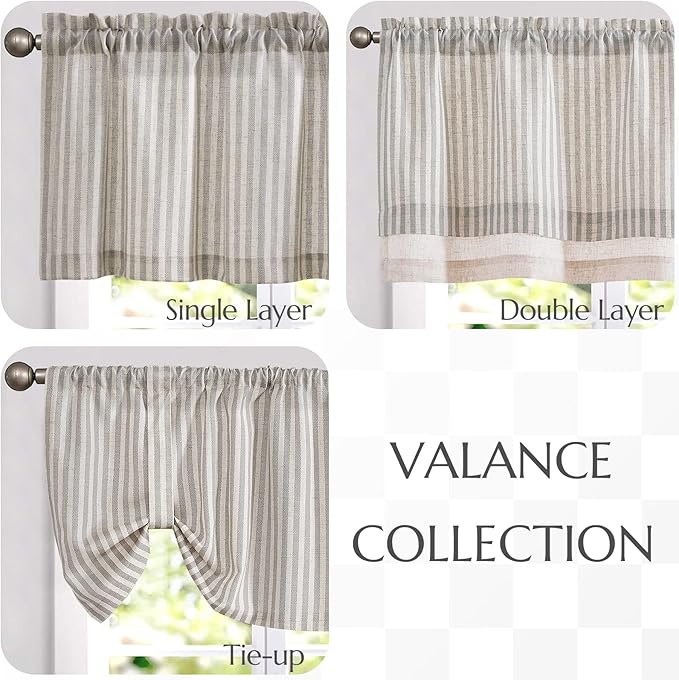 jinchan Linen Valance Curtain Striped Grey Small Window Curtain Double Layer Light Filtering Modern Farmhouse Valance for Kitchen Living Room Bedroom 18 Inch Rod Pocket 1 Panel Gray on Beige