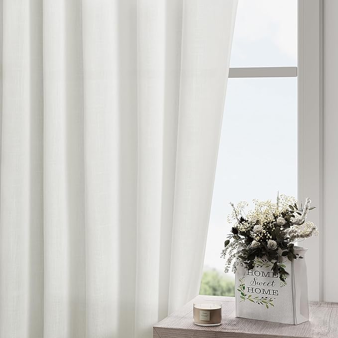 Nanspring Ivory Linen Blend Light Filtering Curtains 86 Inch Length 2 Panel Set Pocket Back Tab Privacy Semi Sheer Decorative Decor Curtain Drapes for Bedroom Living Room 52x86 Inches Long