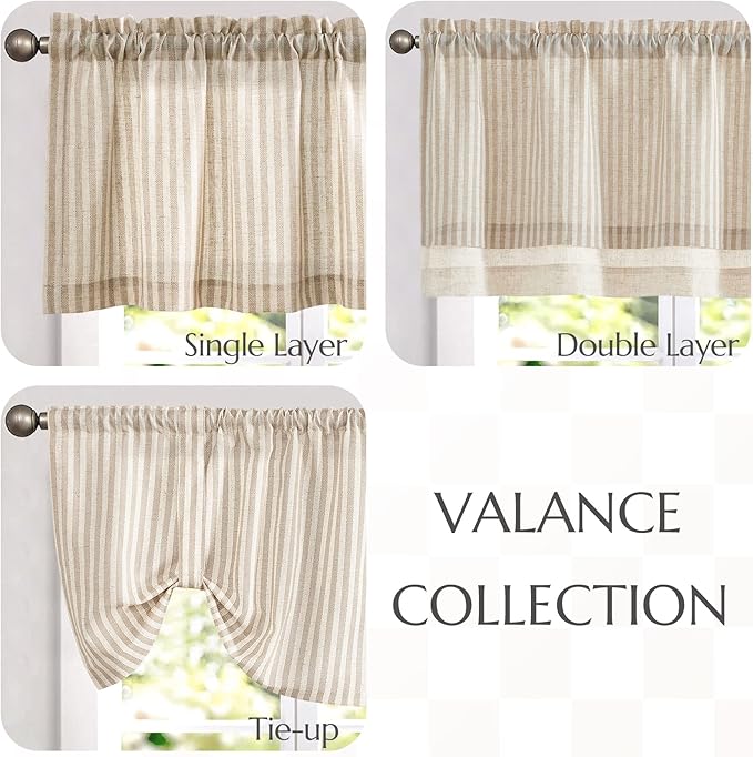 jinchan Linen Valance Curtain Striped Small Window Curtain Double Layer Light Filtering Modern Farmhouse Valance for Kitchen Living Room Bedroom 18 Inch Rod Pocket 1 Panel Taupe on Beige