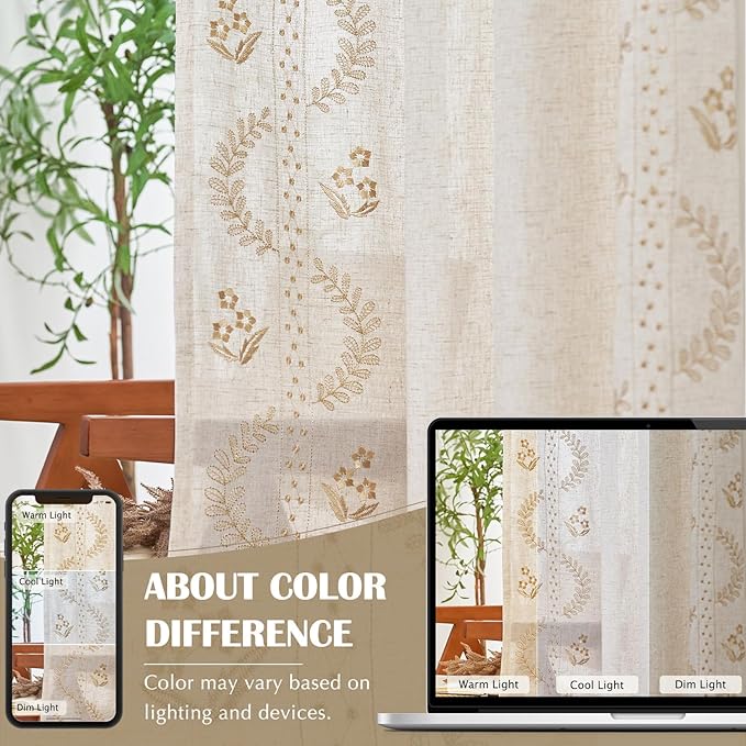 jinchan Belrose Linen Curtains for Bedroom Floral Curtains 63 Inch Length Linen Blend Beige Embroidered Drapes Farmhouse Flower Patterned Drapes for Living Room Window Treatments Set 2 Panels