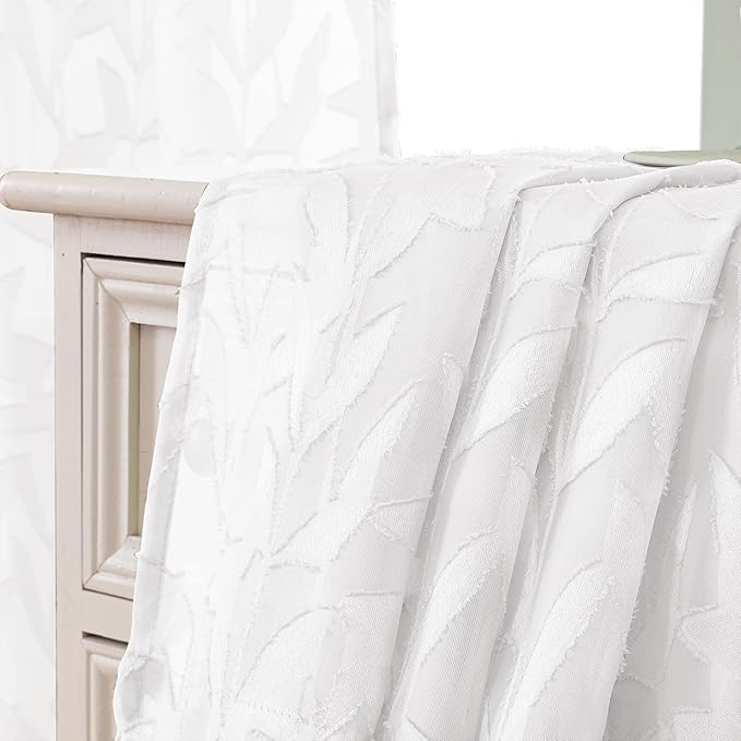 Lecloud Leia Texture Sheer White Curtains 54 Inch Length Set of 2 Panels, Dual Rod Pockets Window Living Room Curtain with Leaves, Semi-Sheer Bedroom Kitchen Cupboard Drapes Farmhouse, 38W x 54L
