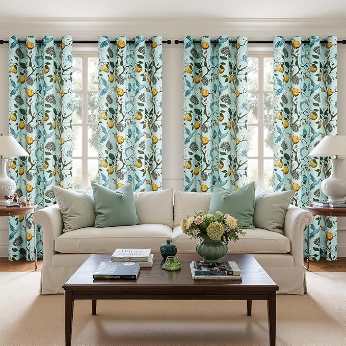 Topfinel Green Floral Curtains 84 Inches Long Vintage French Country Grommet Botanical Hummingbird Woodland Jungle Victorian Patterned Mint Green Lemon Drapes for Bedroom Dining Living Room