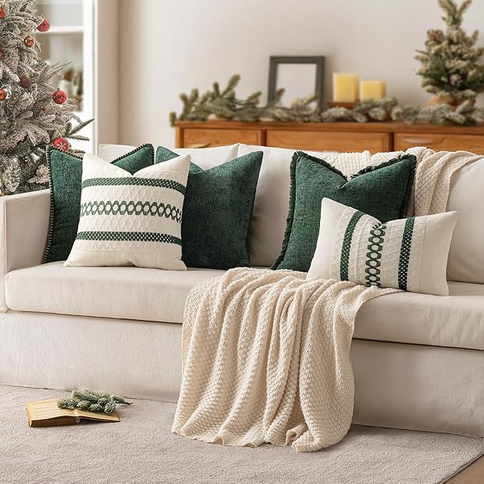 MIULEE Set of 2 Dark Green Boho Christmas Decorative Lumbar Pillow Covers 12x20 Inch Farmhouse Rustic Couch Throw Pillows Modern Cotton Cushion Cover Retro Macrame Woven Home Decor for Bed Sofa Chair