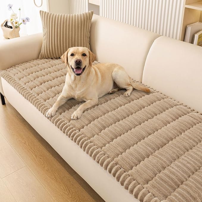 Smiry Couch Cover for Dogs Washable, Non Slip Fuzzy Pet Couch Covers for 3 Cushion Sofa Pet Friendly, Thick Soft Sofa Slipcovers Cushion Protector (Khaki, 27.6" x 88")