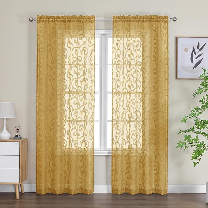 OWENIE Furman Gold Sheer Curtains 84 inches Long for Bedroom Living Room 2 Panels Set, Jacquard Clip Light Filtering Semi Sheer Curtains Rod Pocket Window Drapes, 2 Pcs Each 40 W 84 L