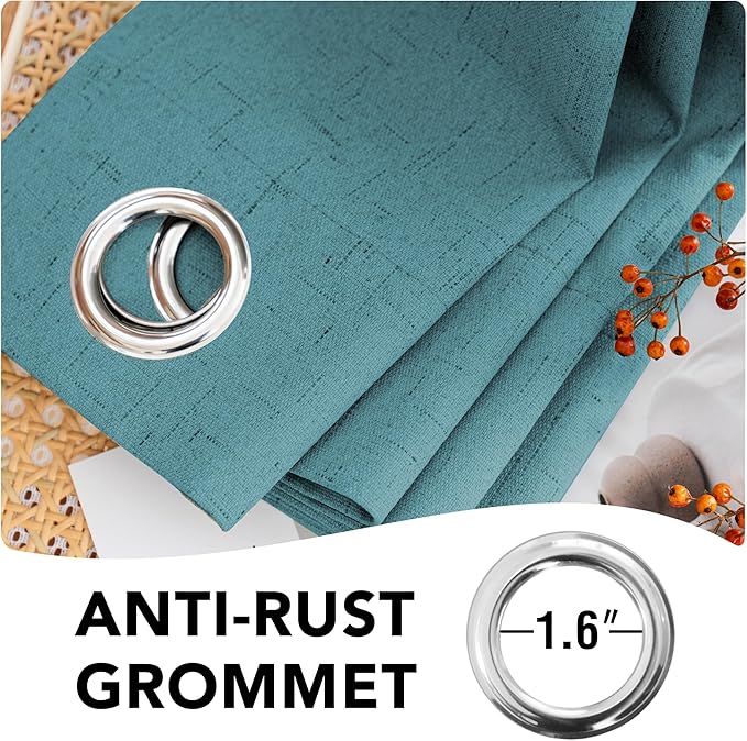H.VERSAILTEX Linen Blackout Curtains 63 Inches Long 100% Absolutely Blackout Thermal Insulated Textured Linen Look Curtain Draperies Anti-Rust Grommet, Energy Saving with White Liner, 2 Panels, Teal